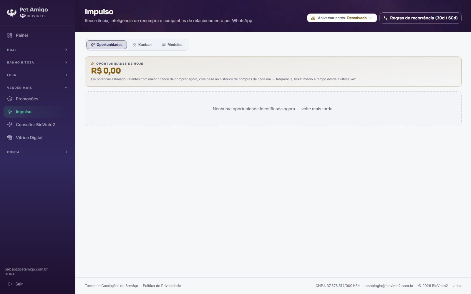 A tela do Impulso: as oportunidades do dia e o quadro de clientes por situação de recompra.